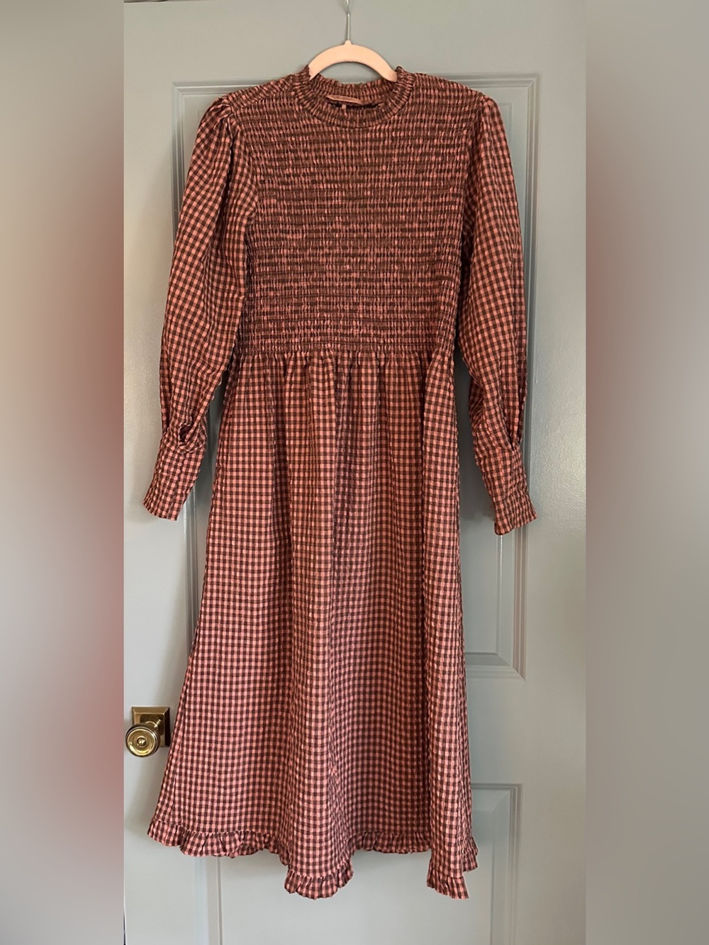 Scotch & Soda Rust Check Smocked Long-Sleeve Dress